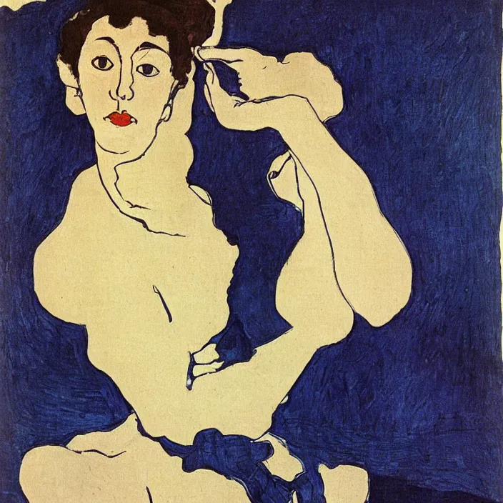 Prompt: woman with painted vase. deep dark indigo blue. henri de toulouse - lautrec, egon schiele, utamaro, picasso