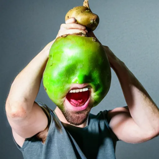 Prompt: jacksepticeye holding a potato with envy, wide shot, realistic, 8k resolution, hyperdetailed, highly detailed, real life, studio lighting, high quality, photo