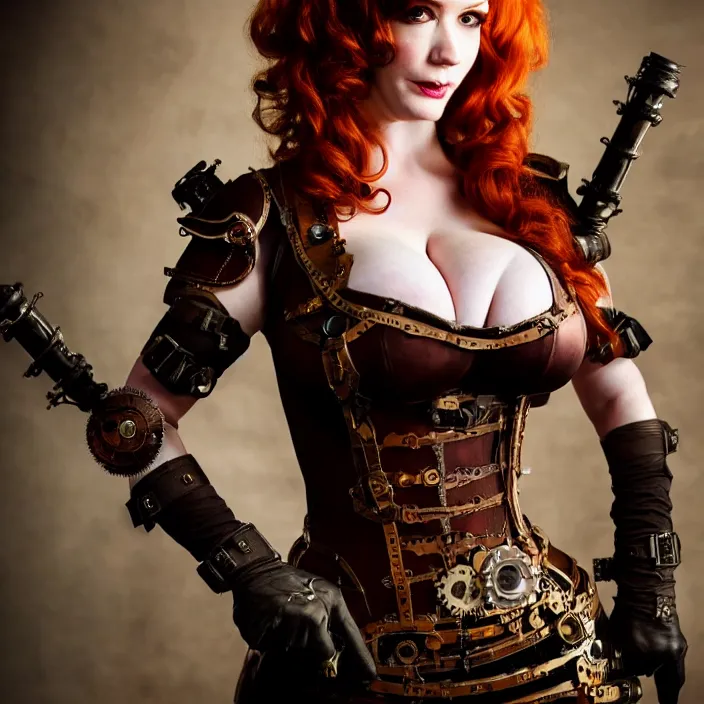 Prompt: full length photograph of a real-life christina hendricks as a steampunk warrior, Extremely detailed. 8k