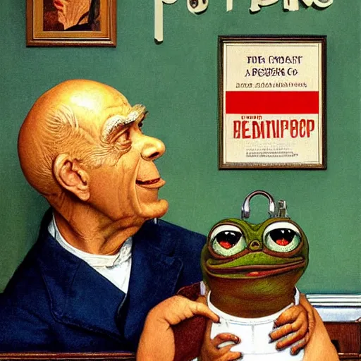 Image similar to pepe the frog at the dentist by norman rockwell