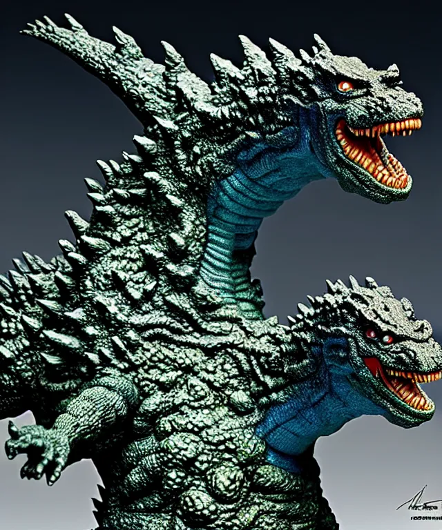 Image similar to hyperrealistic rendering, godzilla by art of skinner and richard corben and jeff easley, product photography, action figure, sofubi, studio lighting, colored gels