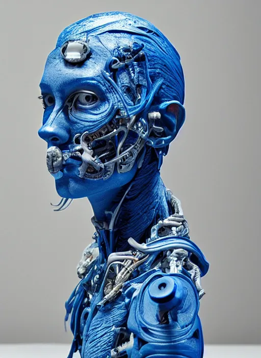 Image similar to a bust sculpture of anatomical detailed cyborg, blue blood, horror, ceramic base, orthographic, studio lighting
