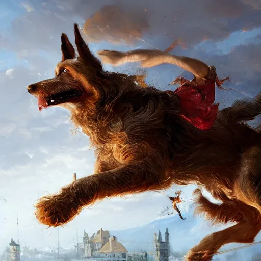 Prompt: a highly detailed oil painting of a giant dog smashing houses renaissance period, 4 k, by greg rutkowski, artstation,