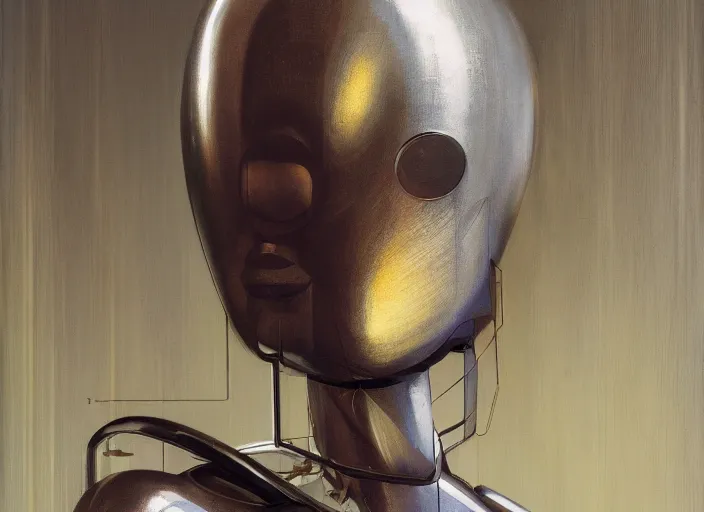 Image similar to a portrait headshot of sci fi metallic human, bright eyes, melancholic complex geometric figure liminal machinery by oskar schlemmer, moebius, john berkey, film grain, oil on canvas, portrait facial head, featured on artstation, hd wallpaper, 8 k, bright colors, global lighting