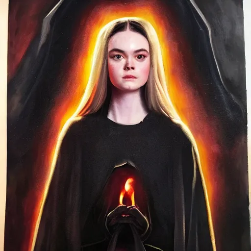 Image similar to ultra realistic medium shot portrait painting of elle fanning in prey wearing black cultist robes surrounded by fire, art by frank frazetta, 4 k, ultra realistic, highly detailed, epic lighting