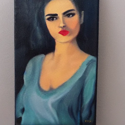 Prompt: a beautiful oil painting of a 35mm film photo of an atractive cool alternative bosnian woman in her early 20s. beautiful face. She has dark brown hair, dark thick eyebrows, brown eyes and shoulder long hair.