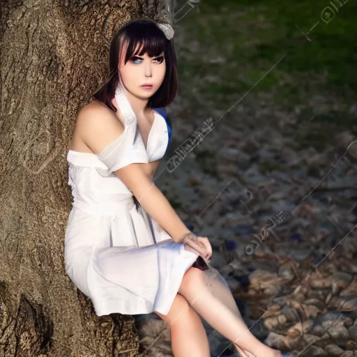 Image similar to kerli koiv young female model sitting on bench photography sun dress beautiful face and body, dramatic light 8 0 mm camera