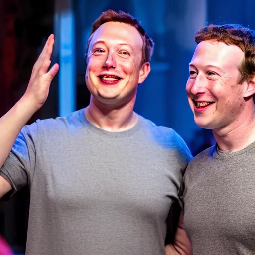 Prompt: elon musk & mark zuckerberg giggling while attending a private pajama party for celebrities only. cinematic 8 k, depth of field, bokeh.