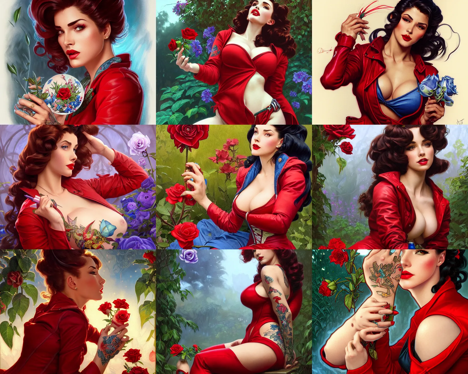 Prompt: red jacket tattooed pinup latin girl sits on a garden smelling a blue rose, deep focus, turnaround, fantasy, intricate, elegant, highly detailed, digital painting, artstation, concept art, matte, sharp focus, illustration, hearthstone, art by artgerm and greg rutkowski and alphonse mucha.