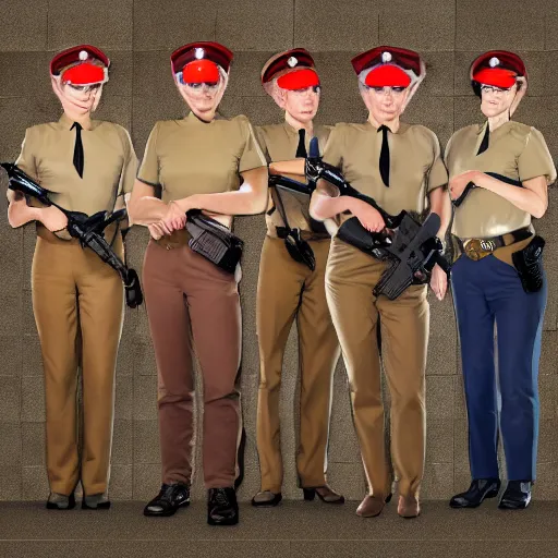 Image similar to security officers from with glowing red skin in vintage beige uniforms and caps with blue pants holding submachine guns in a brutalist office setting trending on artstation digital painting 4 k sharp detail clear accurate high quality