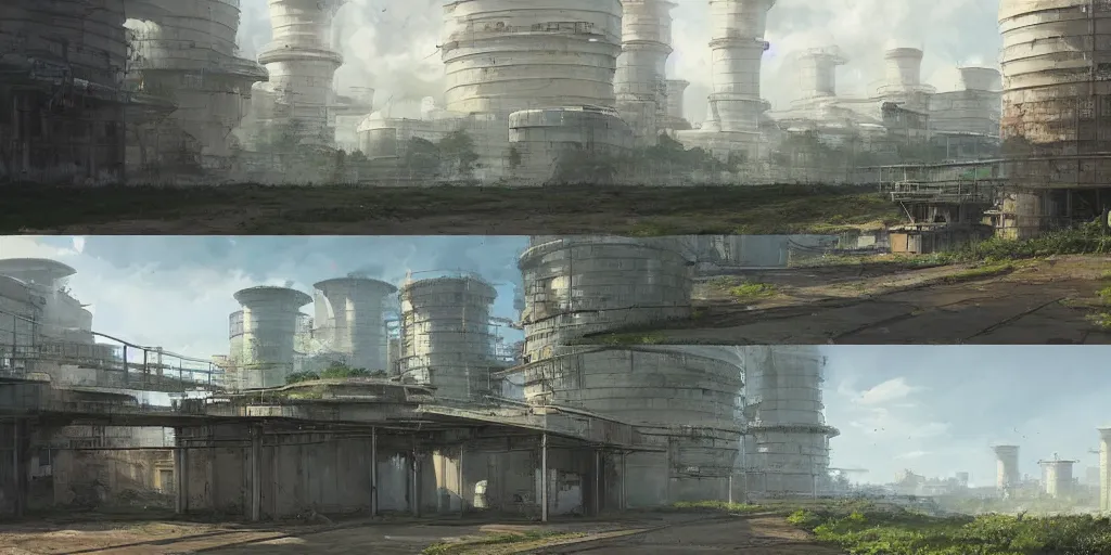 Prompt: clean and optimistic cooling tower and containment building, by a river and fields, greg rutkowski and studio ghibli