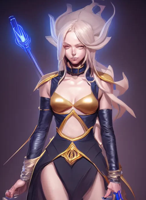 Prompt: beautiful and cool female dark magician, wide angle view, black, white, gold, blue colors, shiny, highly detailed, artgerm, cushart krenz, artstation, soft light, sharp focus, illustration, character design, concept art