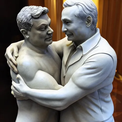 Image similar to marble statue of viktor orban and vladimir putin hugging