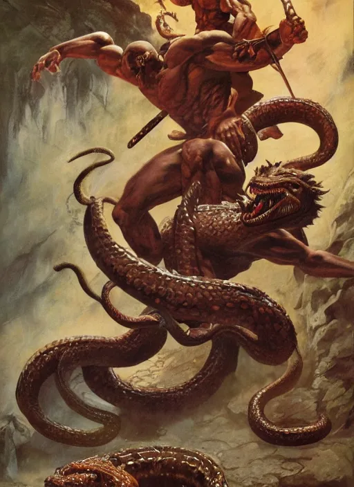 Prompt: a highly detailed symmetrical painting of conan fighting a mythical snake creature, dynamic lighting, ambient lighting, art by frank frazetta and glenn fabry and argerm, hires, 4 k