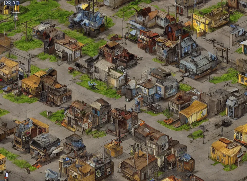 Image similar to Screenshot of a modern Polish village in Fallout 2 (1998), isometric perspective, postapocalyptic, bird's eye view, prerendered isometric graphics, high quality