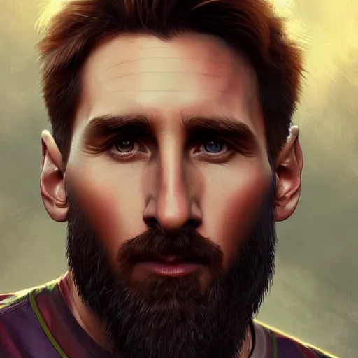 Image similar to Messi with a majestic beard, closeup, D&D, fantasy, intricate, elegant, highly detailed, digital painting, artstation, concept art, matte, sharp focus, illustration, art by Artgerm and Greg Rutkowski and Alphonse Mucha