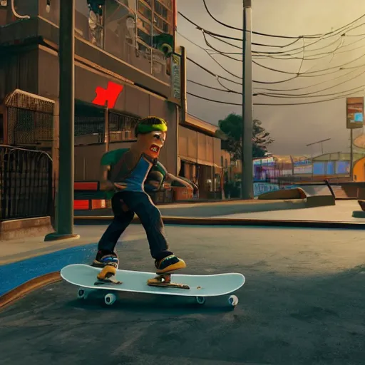 Prompt: (Bart Simpson) skateboarding at a playground in Night City Cyberpunk 2077, muted cyberpunk style, tranquil, desolate, atmospheric, hazy, sweltering, autochrome, 8k, reflections, octane render, unreal engine 5