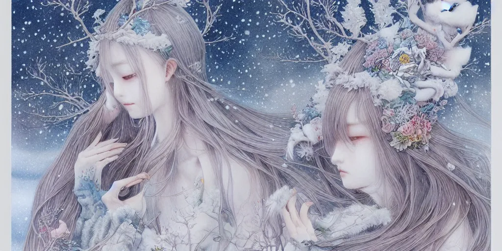 Image similar to breathtaking delicate detailed concept art winter creatures blend, by miho hirano, bizarre compositions, exquisite detail, pastel colors, 8 k