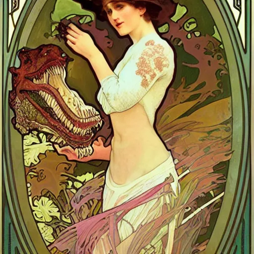 Image similar to a T-Rex going grocery shopping art by alphonse mucha and Monia Merlo and Raymond Swanland