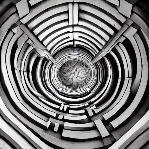 Prompt: m. c. escher rendering of a marble labyrinth, piranesi, optical illusion, trompe l'oueil, fine art photograph, architectural detail editorial photo