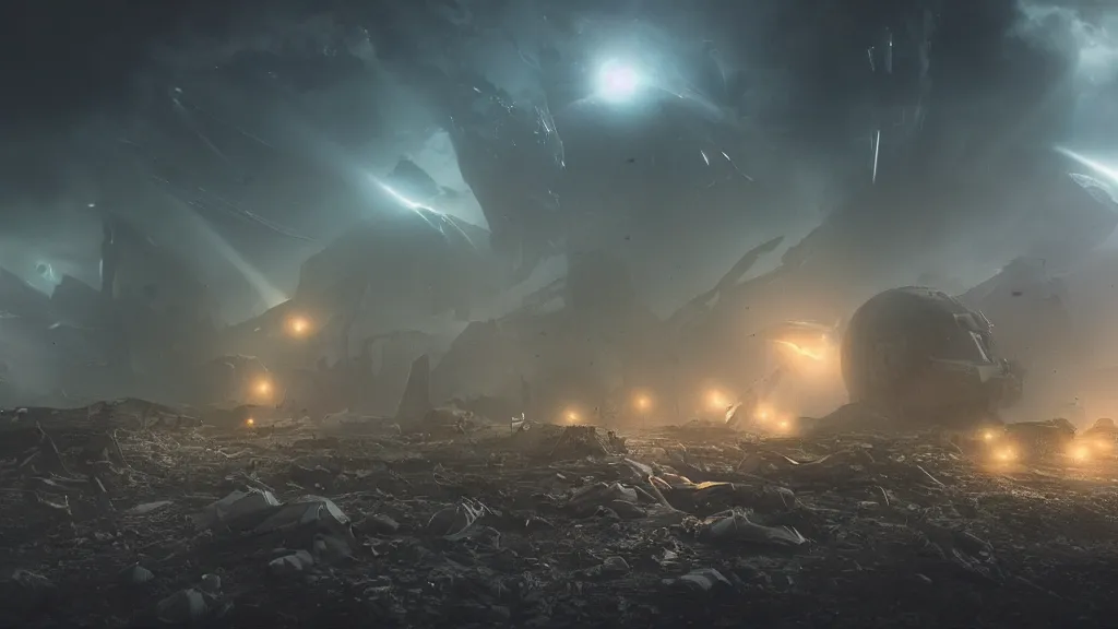 Image similar to an epic battle between two alien civilizations over a destroyed earth, scifi post apocalyptic scene with volumetric fog, cinematic lighting