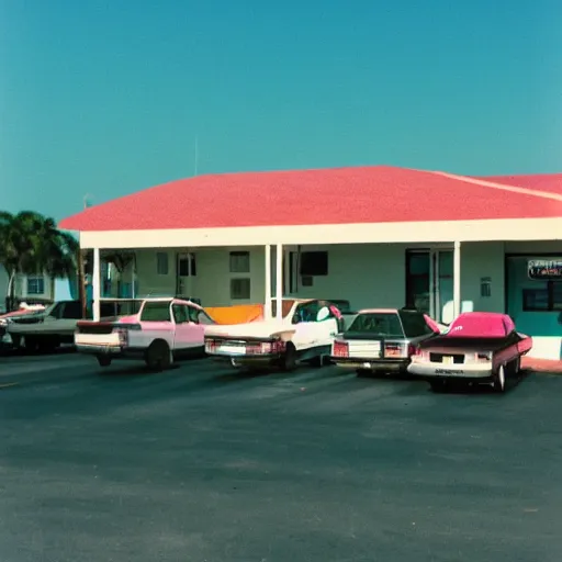 Prompt: photo of motel in florida 1985, cinestill, 800t, 35mm, full-HD