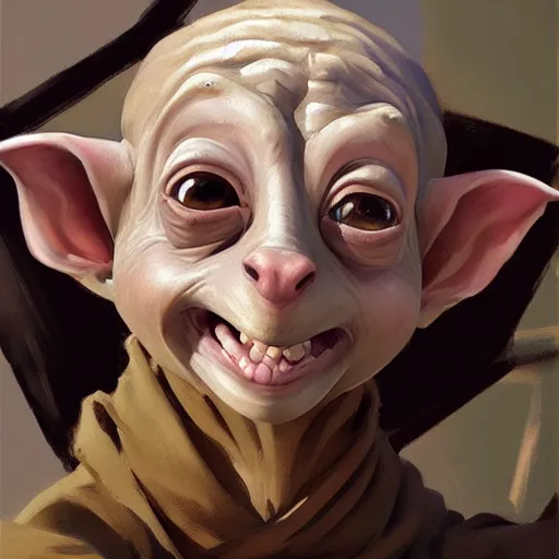 Image similar to greg manchess portrait of happy dobby the house elf shouting, organic painting, sunny day, matte painting, bold shapes, hard edges, street art, trending on artstation, by huang guangjian, gil elvgren, ruan jia, randy vargas, greg rutkowski