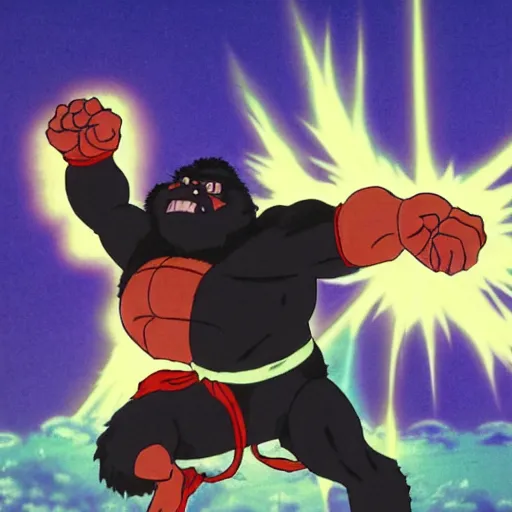 Image similar to an anime scene of an angry gorilla with hands upraised, charging a large purple white ball of energy above his head, by akira toriyama