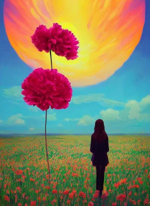 Prompt: woman with a giant carnation as a face, flower field, surreal photography, sunset dramatic light, impressionist painting, colorful clouds, blue sky, digital painting, artstation, simon stalenhag