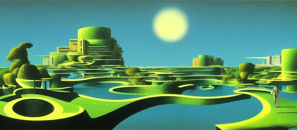 Prompt: huge gargantuan angular dimension of infinite poolsides, buildings by escher and ricardo bofill. utopian landscape by roger dean. magical realism, surrealism, waterfalls, clouds, mallsoft, vaporwave, trending on artstation, shot from below, epic scale