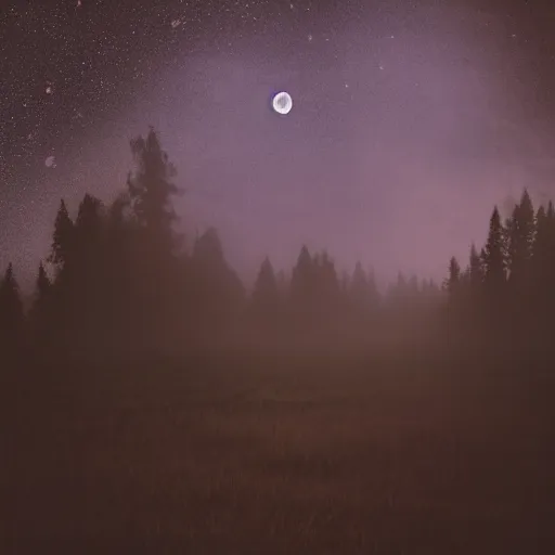 Prompt: photo of a ghost at forest at night, with moonlight, stars and fog