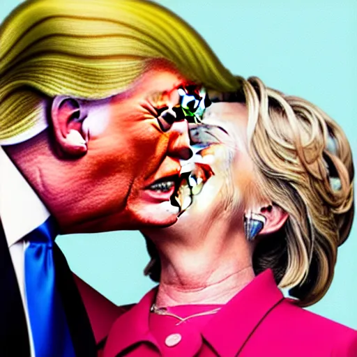 Image similar to realistic portrait of Donald trump kissing Hillary Clinton, hyperrealistic