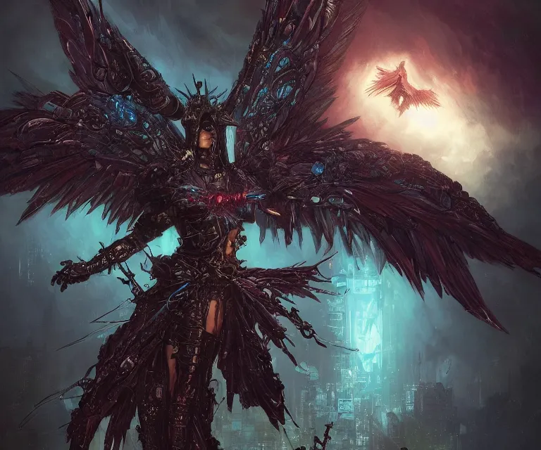 Image similar to a beautiful tarot card artwork of a cyberpunk fallen dark seraphim, horror, backlit, gloomy sky, highly detailed, digital painting, glorious wings, by eddie mendoza and greg rutkowski and dan mumford and artgerm, vivid colors, detailed shading, 8 k resolution, intricate, smooth