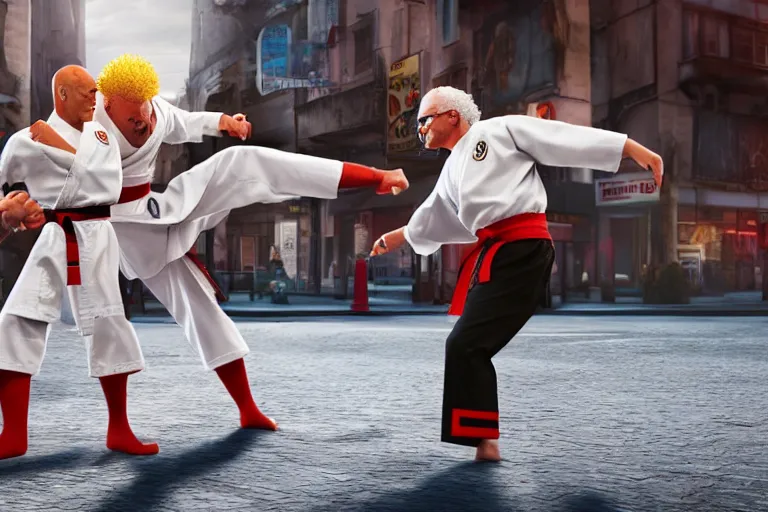 Image similar to ronald macdonald fights, colonel sanders, hyper real, 8 k, octane render, vivid, bright, photo realistic, martial arts, city street