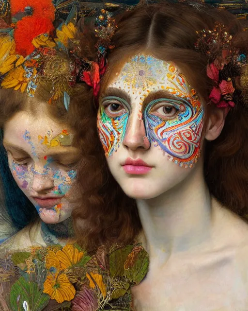 Image similar to a beautiful girl wearing colourful face paint surrounded by bright intricate patterns, by edgar maxence and caravaggio and michael whelan, intricate painting, hyper realistic, extremely detailed and beautiful aesthetic face, 8 k resolution