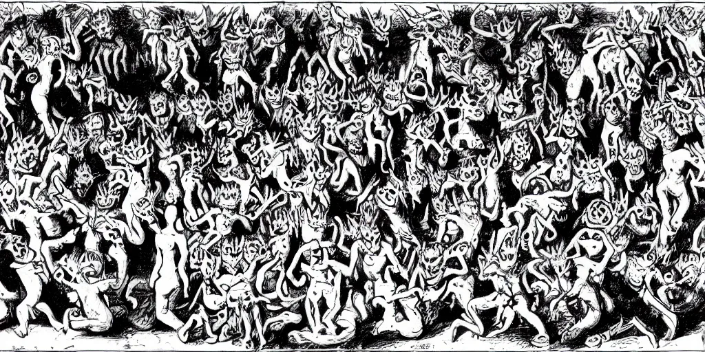 Image similar to demonish scene with many small demons and one bigger in the middle, red color, candles, bodies, gore, black and white, monochromatic