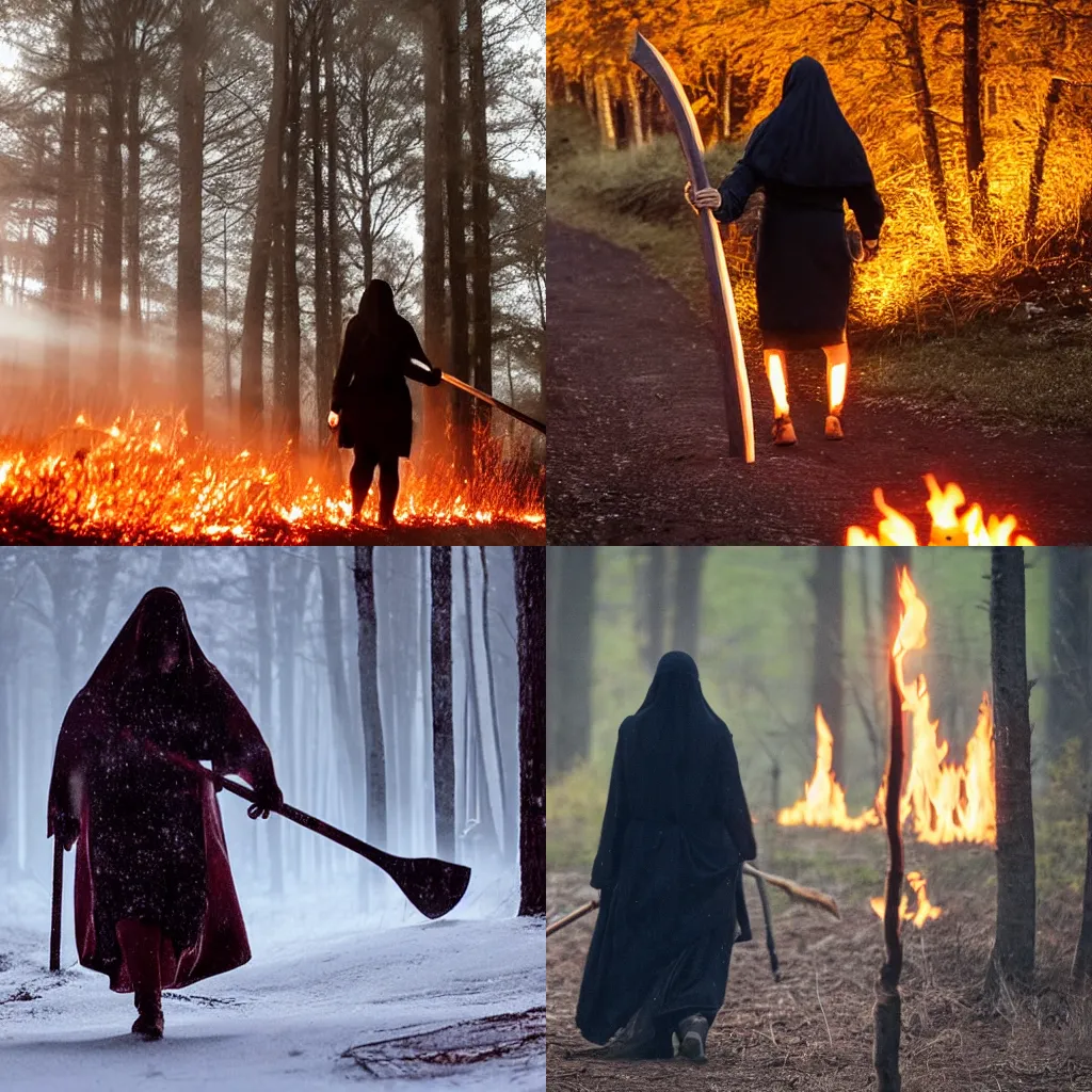 Prompt: A woman walking towards us. She is cloaked in darkness, siilloeted. The woman's eyes glow white. The woman is dragging a long nordic axe in her right hand. the long nordic giant axe is sparking along the ground making orange embers. The woman is being backlit by the embers coming off of the axe. The woman wears a skirt made out of feathers. Fantasy, oil on canvas