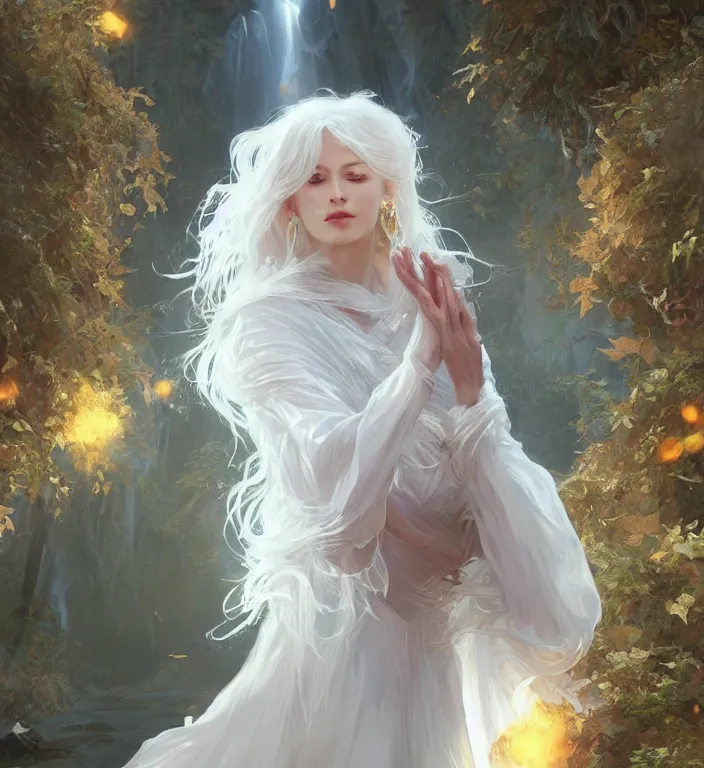 Image similar to portrait of a white haired woman wearing a crystal dress, autumn leaves falling, dramatic volumetric lighting, god rays, global illumination, soft, sharp focus, sci-fi, ivy, moss, trending on artstation, intricate concept art by Greg Rutkowski and artgerm and Ruan Jia and Alphonse Mucha