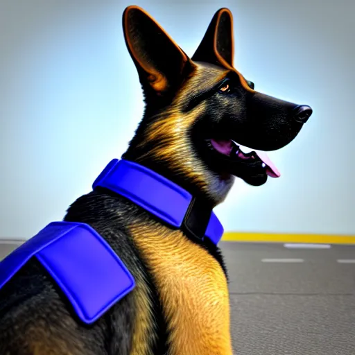 Prompt: police dog german sheperd, 3 d model, cartoony, unreal engine, 4 k, artstation, hyperrealistic, ultra quality, blue uniform, badge on collar, pixar, on a highway offramp