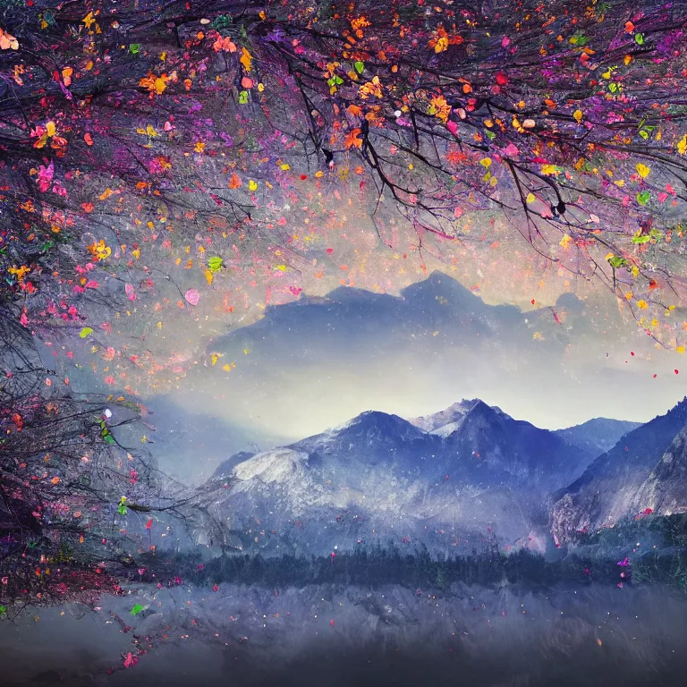 Image similar to a beautiful awesome artistic tree with falling flowers like leaves and many birds, all in the amazing outdoors view, mountain in the background, lake, long exposure, 8 k resolution, trending on artstation