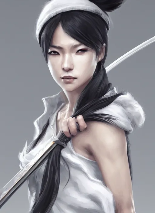 Image similar to a highly detailed illustration of fierce messy ponytail black haired one armed delinquent japanese woman wearing white cap wearing long white jacket, dramatic wielding katana pose, muscular, intricate, elegant, highly detailed, centered, digital painting, artstation, concept art, smooth, sharp focus, league of legends concept art, wlop.