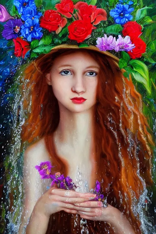 Prompt: oil painting, social realism, cave with waterfall, redheaded girl wearing a hat of flowers and dress of fresh flowers, decorated with flowers, roses, lilies, chrysanthemums, irises, water drops, water jets, overhead light, salvador dali style 4 k, 8 k