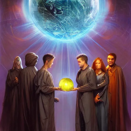 Prompt: the creators of worlds wearing cloaks, standing in a circle and holding a holographic planet projection in his hand, detailed, sci - fi, digital painting, artstation, sharp focus, illustration, ominous, artgerm, tomasz alen kopera, peter mohrbacher, donato giancola, joseph christian leyendecker, wlop, frank frazetta