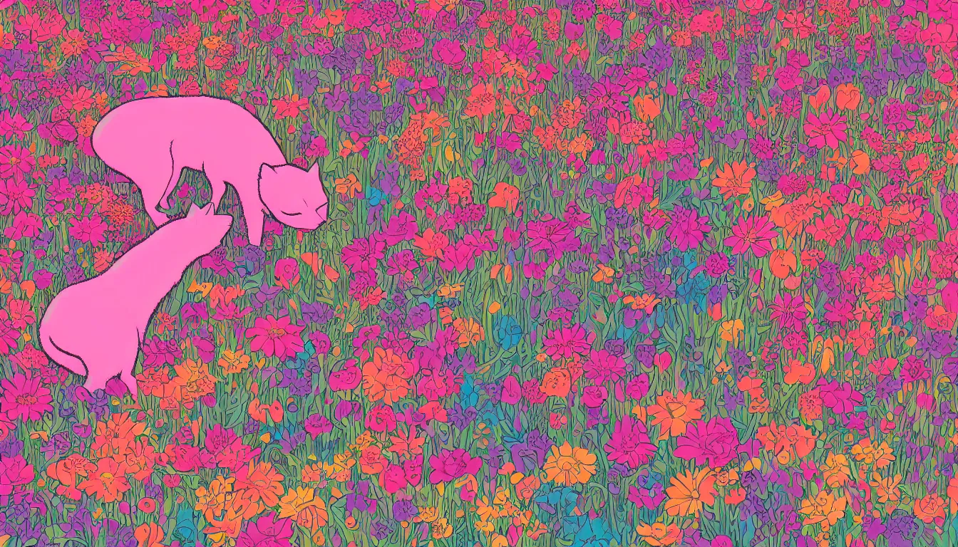 Prompt: pink fox head popping out of a field of multi colored flowers by kilian eng