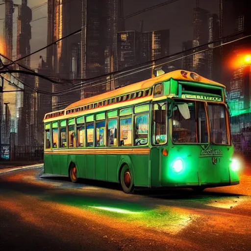 Image similar to an old shabby green trolleybus stands at a stop on the other planet, headlights shine with neon light, in the background in the distance the earth, atmospheric, futuristic, cyberpunk, 8 k resolution, ultra detailed