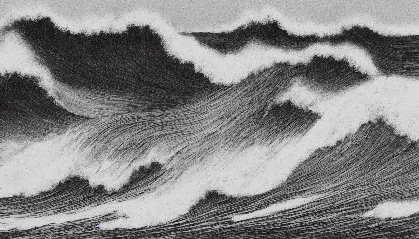 Prompt: Crashing ocean wave by Moebius, minimalist, detailed, grayscale