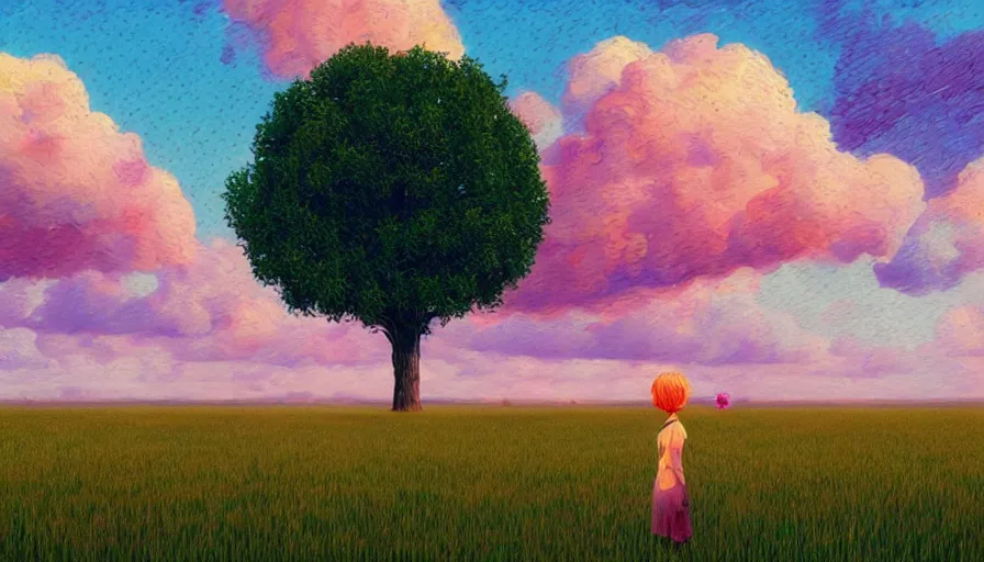 Prompt: girl with flower face in empty wheat field, surreal photography, colorful clouds, tree, impressionist painting, colorful clouds, digital painting, pointillism, sunset, artstation, simon stalenhag