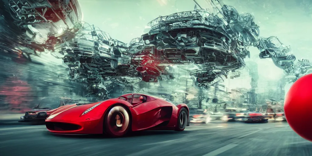 Image similar to a really cool red ball driving a really cool car, realistic 4 k octane beautifully detailed render, 4 k post - processing, highly detailed, intricate complexity, epic composition, magical atmosphere, cinematic lighting, masterpiece, ultra hd