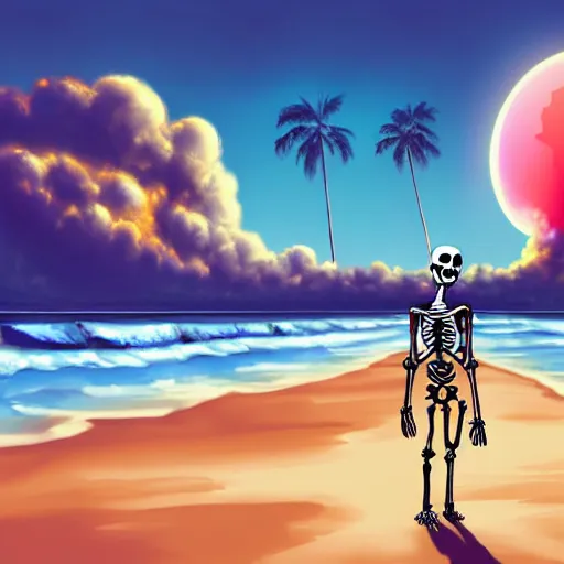 Image similar to Beautiful digital painting portrait of relaxed skeleton walking on the tropical beach with nuclear bomb explosion in the background, high quality, trending on Artstation, realistic, tropical color scheme, anatomically correct skeleton, high coherence, clear blue sky