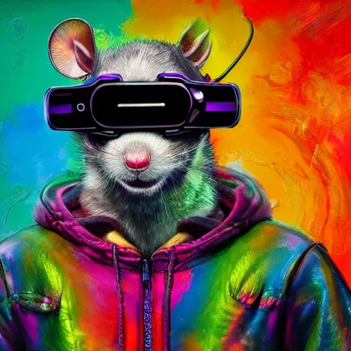 Prompt: anthropomorphic rat wearing a leather jacket and VR goggles, psychedelic artwork, bright colors, cyberpunk background, by ruan jia